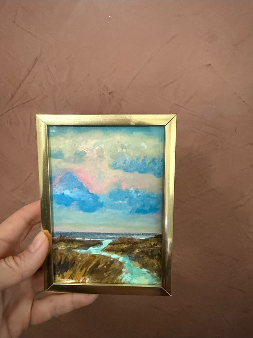 Small Gold-Framed Seascape Painting - Blue and Pink Sky
